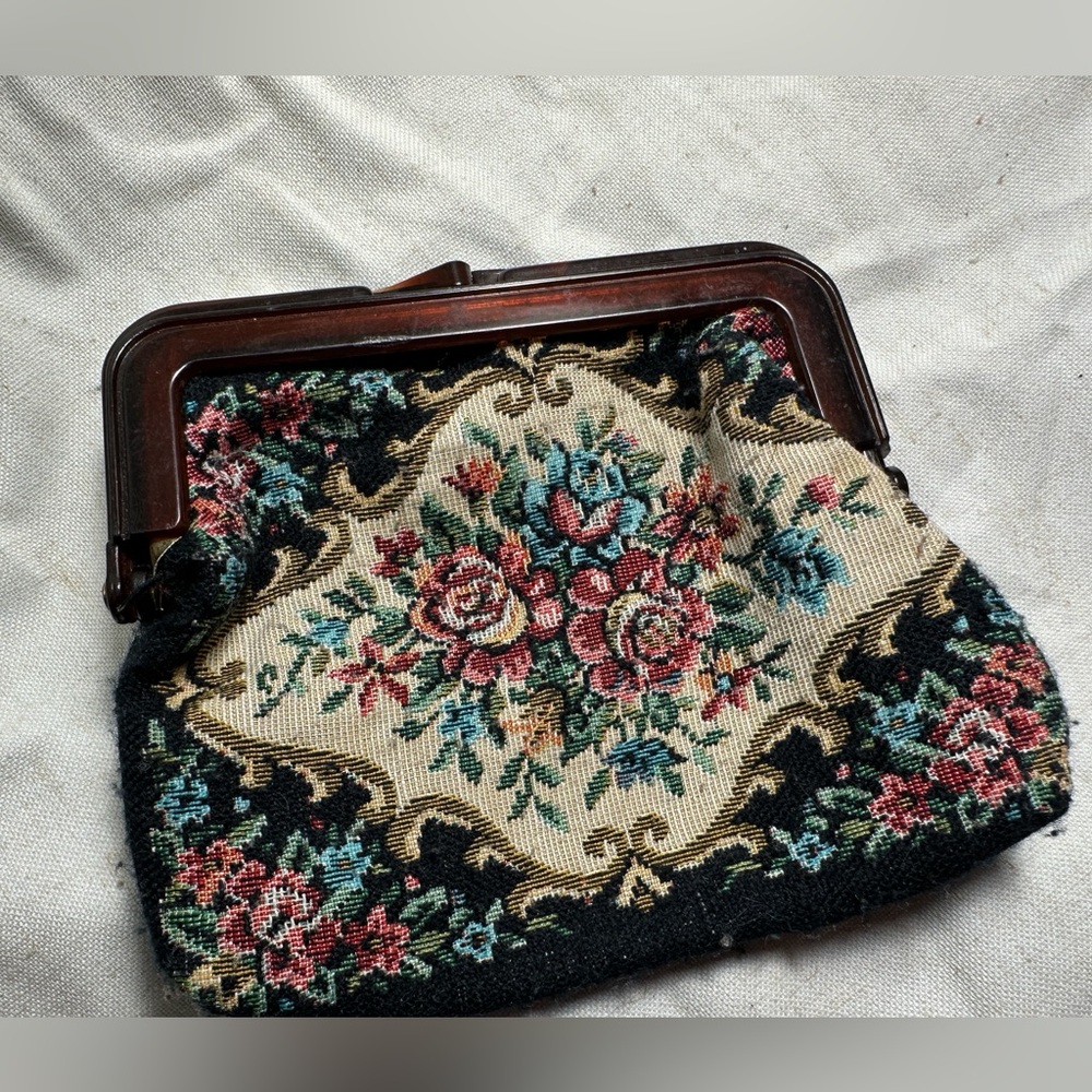 Vintage Black and Cream Floral Tapestry Clutch with Kiss-Lock Closure